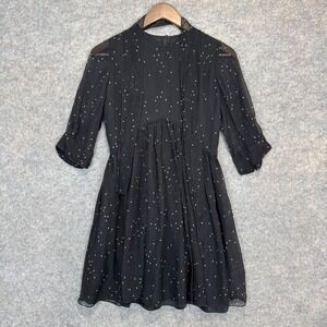 Morgane Le Fay 100% Silk Chiffon Star Print Mini Dress Womens Small Neck Tie